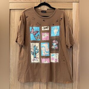 Distressed Brown Graphic Tee with western Prints
